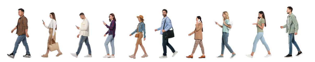 Collage with photos of people wearing stylish outfit walking on white background. Banner design