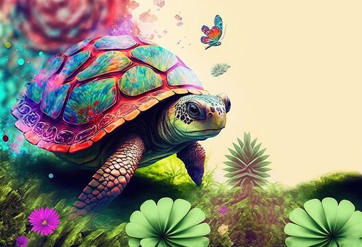 A green sea turtle walking outdoors among tropical plants of psychedelic colors. Marine turtles live in all the world's oceans. White background with copy space