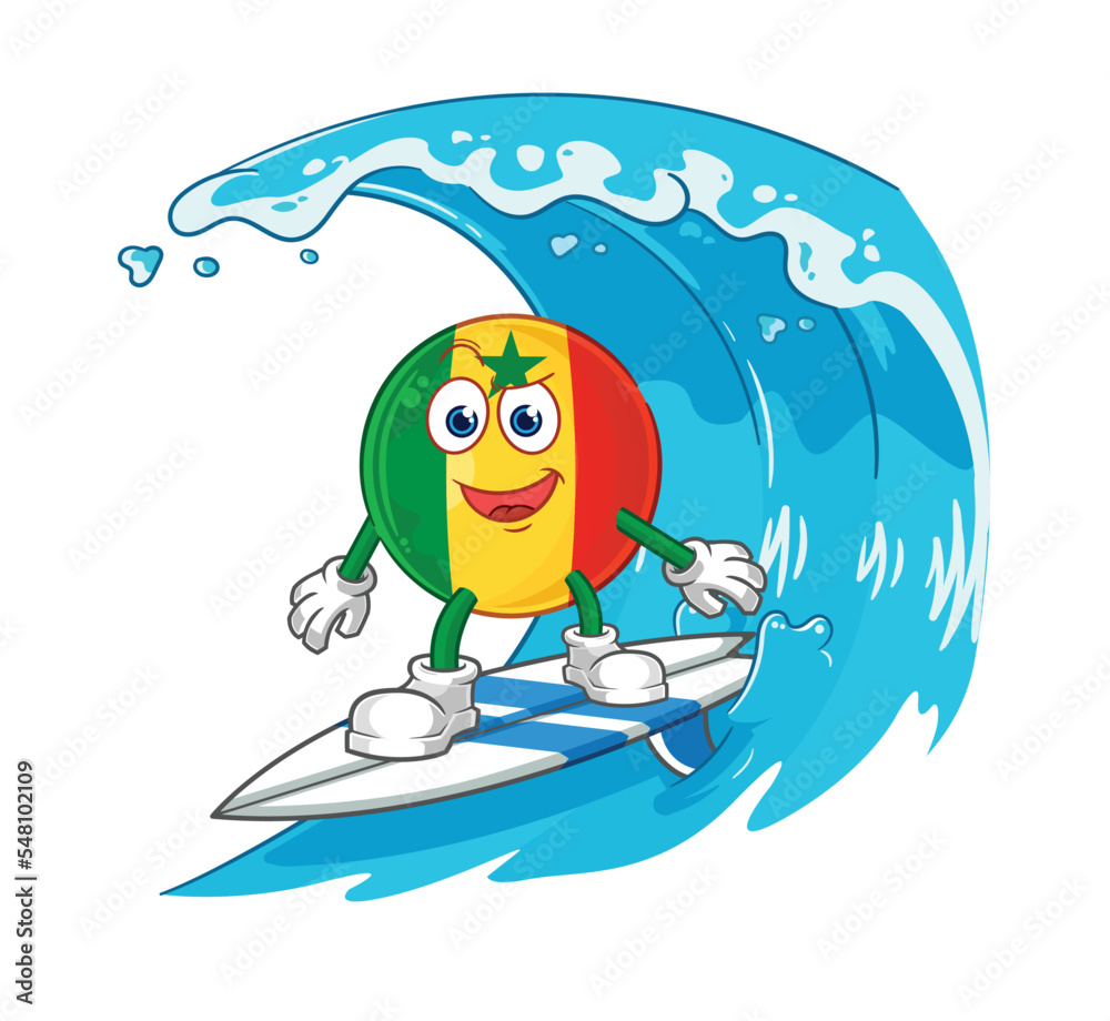 Poster senegal surfing character. cartoon mascot vector