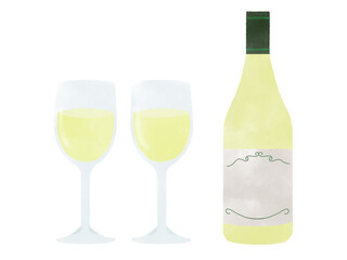 白ワインイラスト（ワイングラスとワインボトル）