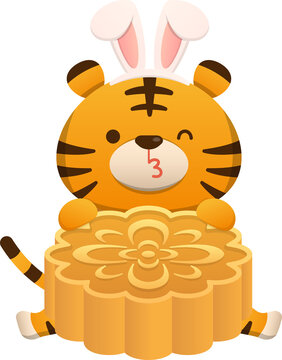 Cute tiger and rabbit headband ornaments to celebrate Asian mid-autumn festival, with moon cakes
