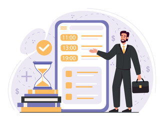 Politician online concept. Man in suit with briefcase in front of phone with scheduled meetings. Successful entrepreneur or investor. Financial literacy metaphor. Cartoon flat vector illustration