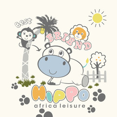 cute hippopotamus playing with little friends vector