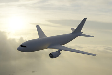Fototapeta na wymiar 3D Illustration White passenger Aircraft. Airplane flying in blue cloudy sky