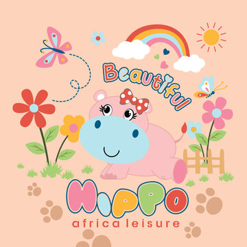 cute hippopotamus on beautiful flower vector background