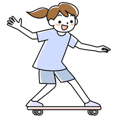 スケートボードに乗る笑顔の女の子