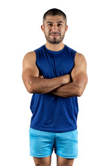 Portrait with a white background of a Latin man with sportswear, looking at the camera