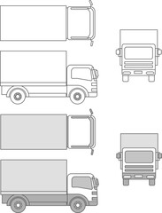 トラックのイラスト、側面、前面、俯瞰（線画）