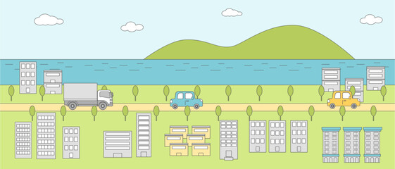 海と自然の見える街・道路の風景イラスト（カラー線画）