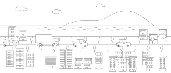 海と自然の見える街・道路の風景イラスト（線画）