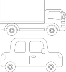 トラックと自動車のイラスト（線画）