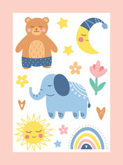 Baby cover concept. Graphic element for website in minimalistic style. Tropical and exotic animals. Elephant, bear and sun with moon. Charming and cute characters. Cartoon flat vector illustration
