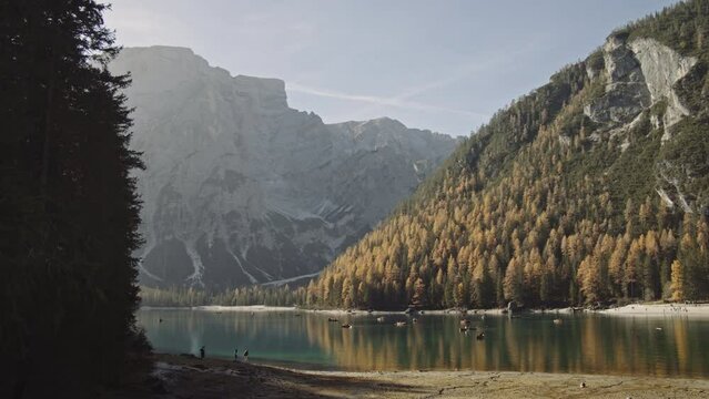 Lake Braies in Italy. 4K Italian Nature stock footage.