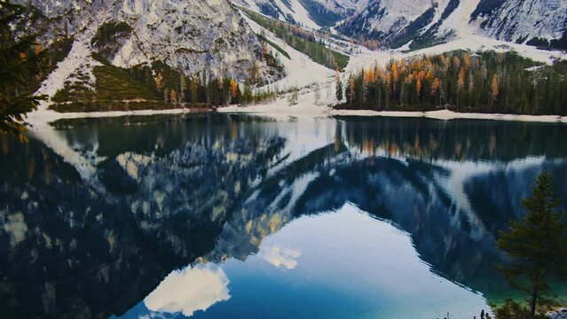 Lake Braies in Italy. In turquoise blue colors. italian nature stock clips.