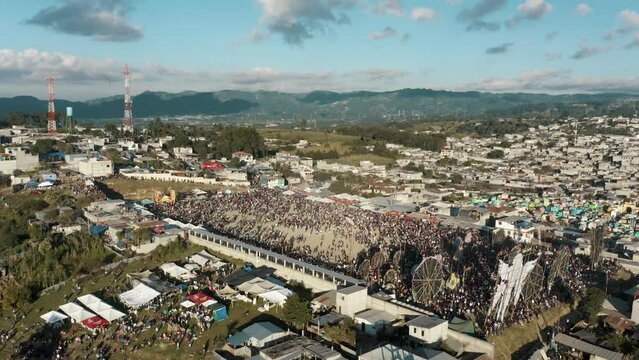Sumpango Town With Crowds Gathered To Celebrate Day Of The Dead By Flying Giant Kites Sumpango, Chile. Aerial Shot