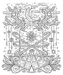 Mystic vector illustration with grave, moon, occult, esoteric and gothic symbols, black and white coloring page