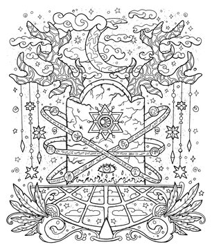Mystic vector illustration with grave, moon, occult, esoteric and gothic symbols, black and white coloring page