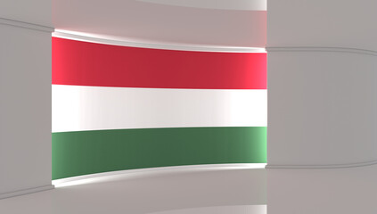 TV studio. Hungarian flag studio. Hungarian flag background. News studio. The perfect backdrop for any green screen or chroma key video or photo production. 3d render. 3d