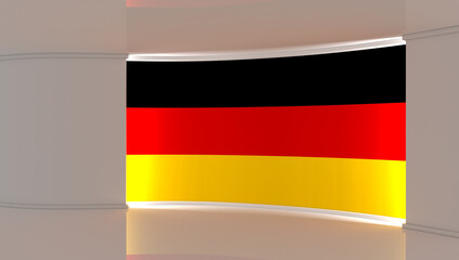 Germany flag background. TV studio. Germany flag studio. News studio. The perfect backdrop for any green screen or chroma key video or photo production. 3d render. 3d