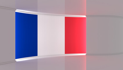 TV studio. France. French flag studio. French flag background. News studio. The perfect backdrop for any green screen or chroma key video or photo production. 3d render. 3d