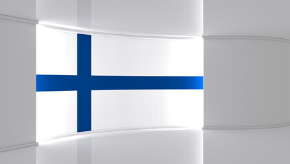 Obraz premium TV studio. Finnish flag studio. Finnish flag background. News studio. The perfect backdrop for any green screen or chroma key video or photo production. 3d render. 3d