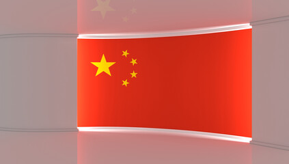 TV studio. China flag studio. China flag background. News studio. The perfect backdrop for any green screen or chroma key video or photo production. 3d render. 3d