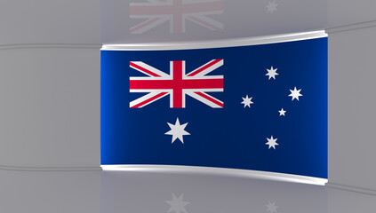 TV studio. Australia flag studio. Australia flag background. News studio. The perfect backdrop for any green screen or chroma key video or photo production. 3d render. 3d