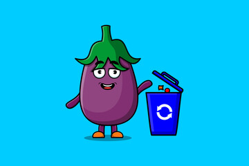 Cute cartoon Eggplant throwing trash in the trash in flat modern style design illustration
