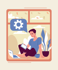 Working on window. Young guy sits with book and laptop, comfort and coziness in house, apartment. Freelancer and remote worker. Poster or banner for website. Cartoon flat vector illustration