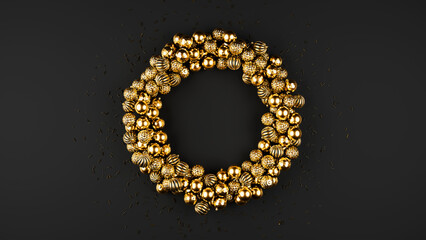 Happy New Year circle of golden baubles with glitter, Christmas decoration. Realistic 3d render illustration of gold balls on black background