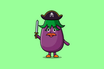 Cute cartoon mascot character Eggplant pirate with hat and holding sword in modern design