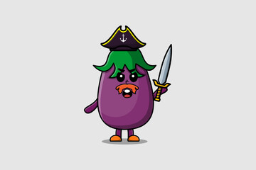Cute cartoon mascot character Eggplant pirate with hat and holding sword in modern design