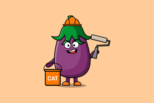 Cute cartoon Eggplant as a builder character painting in flat modern style design illustration