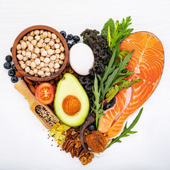 Heart shape of ketogenic low carbs diet concept. Ingredients for healthy foods selection on white wooden background. - 548106506