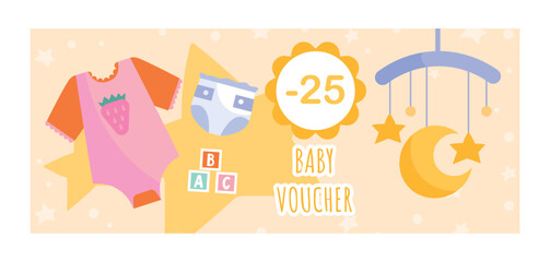 Obraz premium Baby goods voucher. Discounts and promotions, coupon, special offer for regular customers, poster or banner for website. Cashback and loyalty program metaphor. Cartoon flat vector illustration