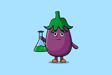 Cute cartoon mascot character Eggplant as scientist with chemical reaction glass