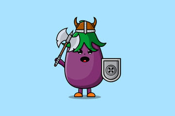Cute cartoon character Eggplant viking pirate with hat and holding ax and shield 