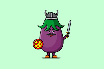 Cute cartoon character Eggplant viking pirate with hat and holding sword and shield illustration