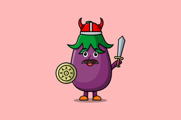Cute cartoon character Eggplant viking pirate with hat and holding sword and shield illustration