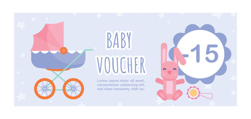Fototapeta premium Baby goods voucher. Graphic element for website. Poster or banner. Special offer for regular customers, coupon. Modern Marketing Methods and promotion on Internet. Cartoon flat vector illustration