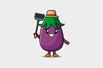Cute cartoon Agricultural worker Eggplant with pitchfork vector image cute modern style design 