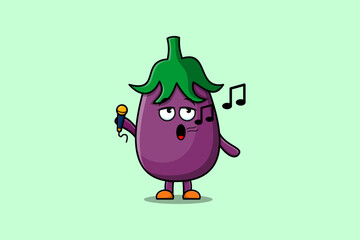 Cute cartoon Eggplant singer character holding mic in flat modern style design illustrations
