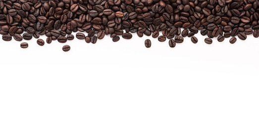 Dark roasted coffee beans setup on white background with copy space.