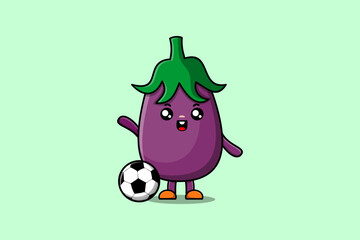 Cute cartoon Eggplant character playing football in flat cartoon style illustration