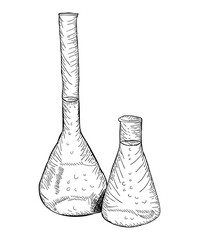 Sketch of a chemical laboratory object. Pharmaceutical flasks, beakers and test tubes. Discovery and chemistry symbol.