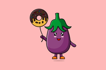 Cute cartoon Eggplant floating with balloon cartoon vector illustration concept flat cartoon style