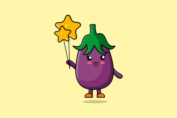 Cute cartoon Eggplant floating with balloon cartoon vector illustration concept flat cartoon style