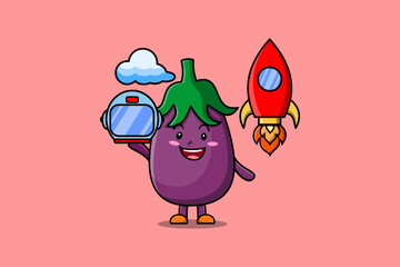 Cute mascot cartoon character Eggplant as astronaut with rocket, helm, and cloud in cute style 