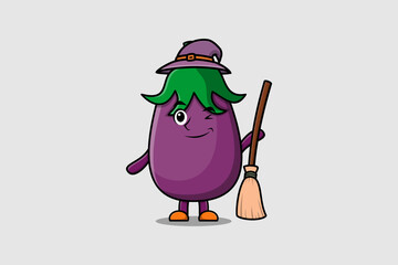 Cute cartoon witch shaped Eggplant character with hat and broomstick cute style illustration