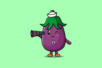 Cute cartoon Eggplant sailor with hat and using binocular cute modern style design